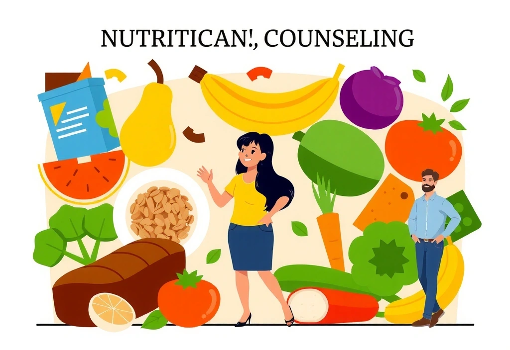 Ilustrace nutričního poradenství, znázorňující různé zdravé potraviny, nutriční tabulky a usmívající se lidi. Stylizované, moderní.