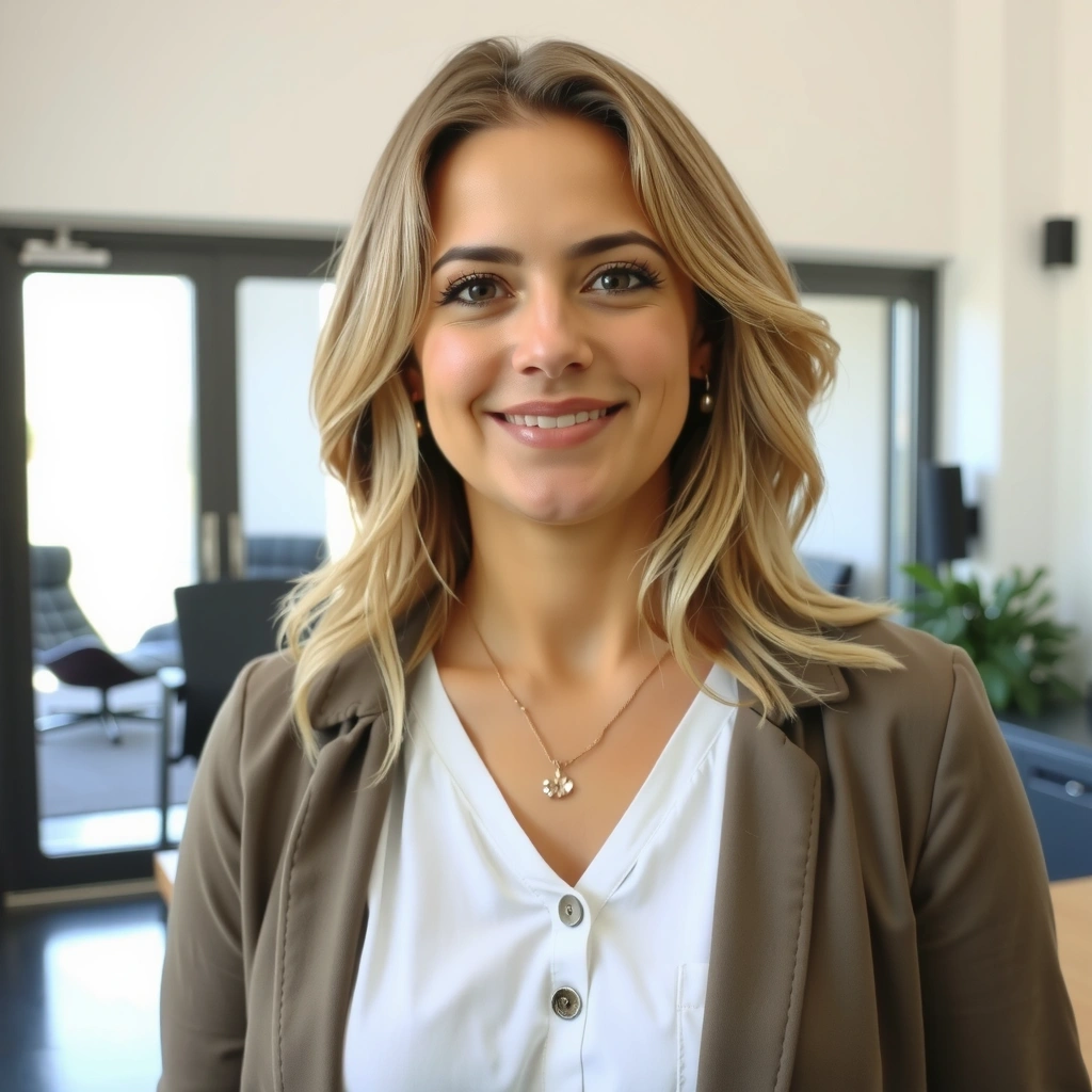 Profesionální portrét laskavé a znalé nutriční terapeutky v čistém, moderním prostředí.