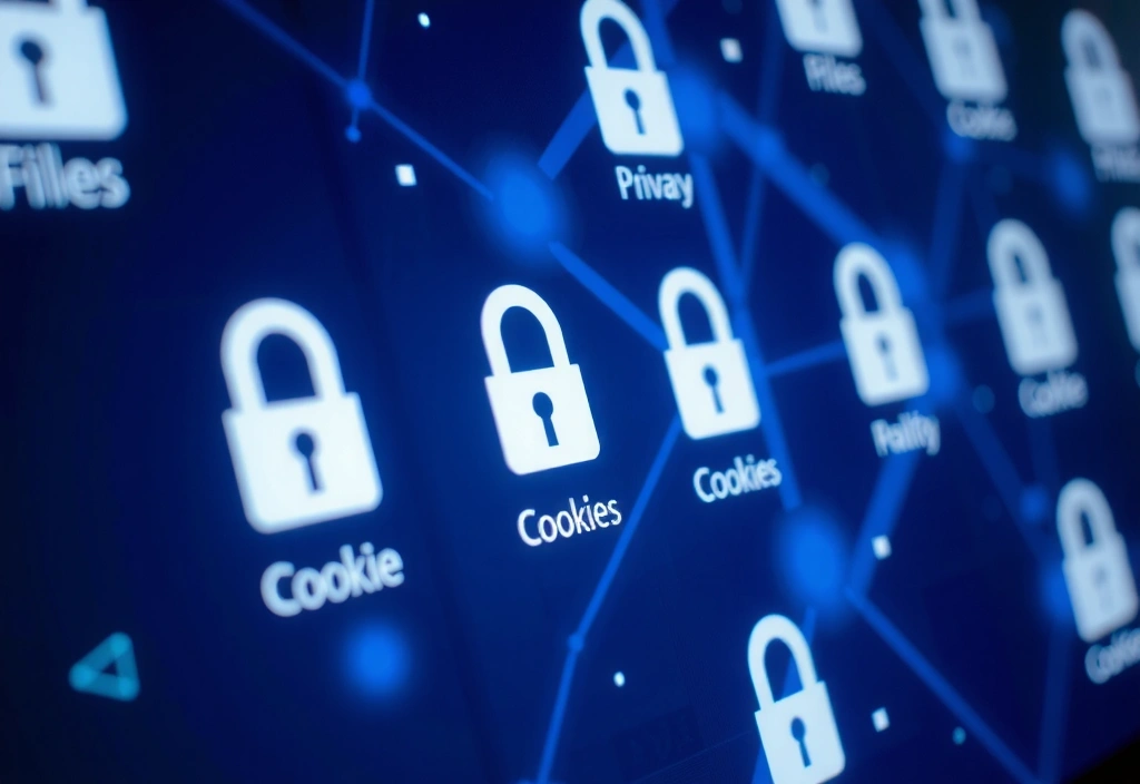 Detailní záběr na digitální soubory cookie na obrazovce počítače, se symboly soukromí.