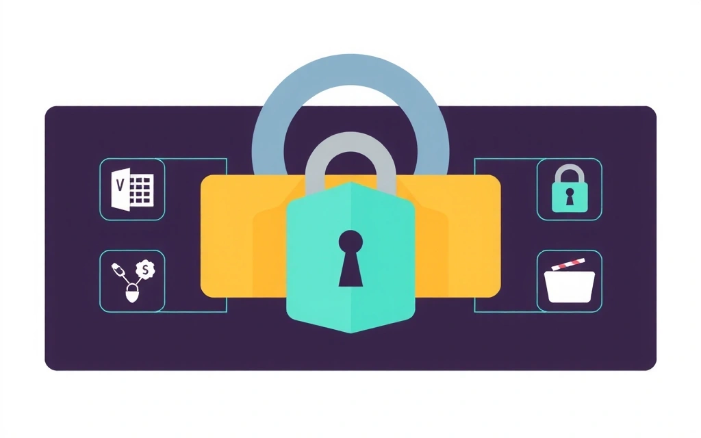 Ilustrace zabezpečení dat a ochrany soukromí s ikonami zámku a štítu.