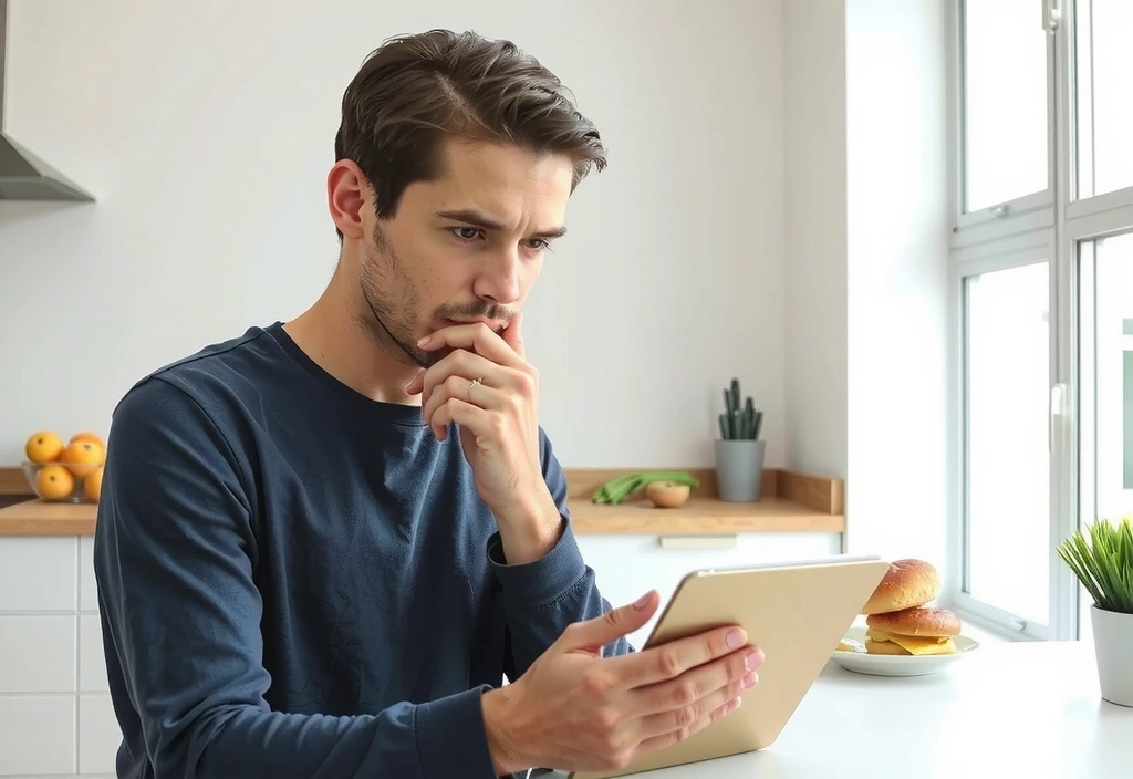 A person looking thoughtfully at a food diary or a plate of food, suggesting analysis