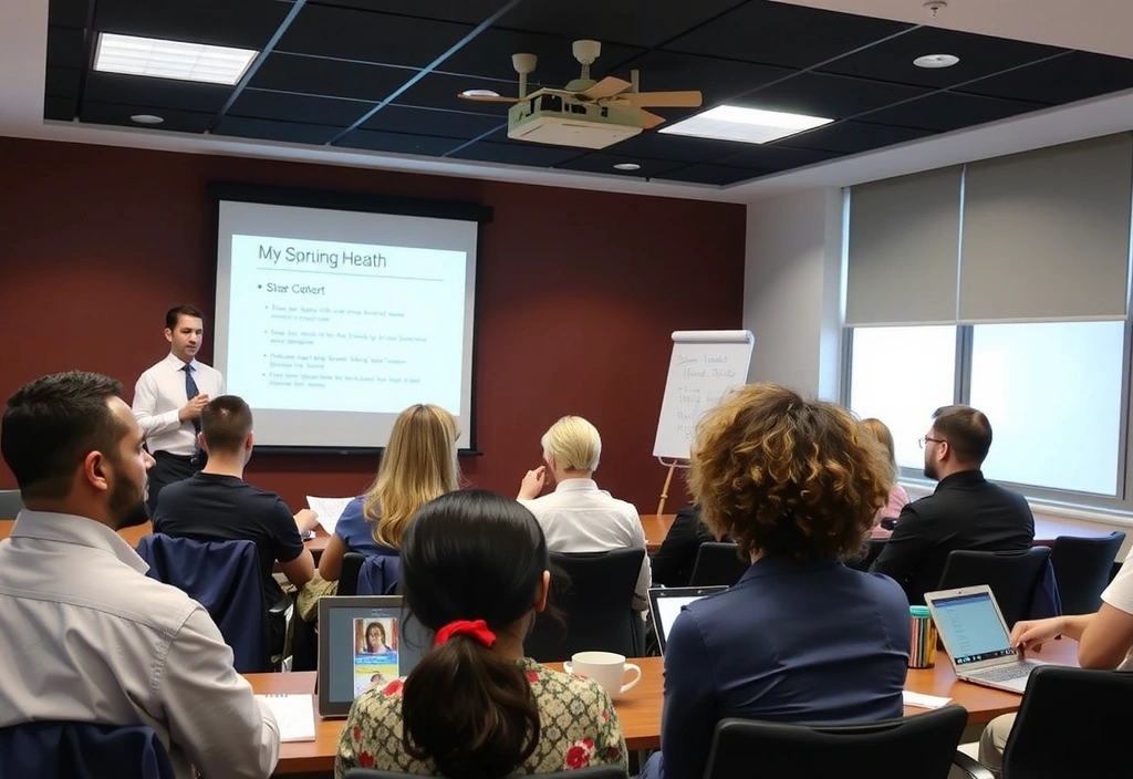 A small group of people engaged in a health-related workshop, with a speaker and presentation screen
