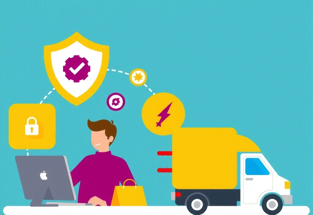 Ilustrace bezproblémového nákupu s ikonami zabezpečení a rychlosti