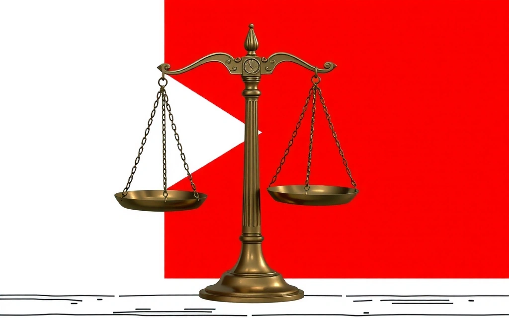 Ilustrace váhy spravedlnosti s českou vlajkou v pozadí