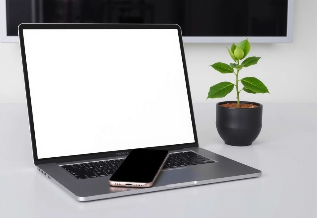 Moderní, čistý kancelářský stůl s notebookem, telefonem a rostlinou, symbolizující komunikaci a efektivitu
